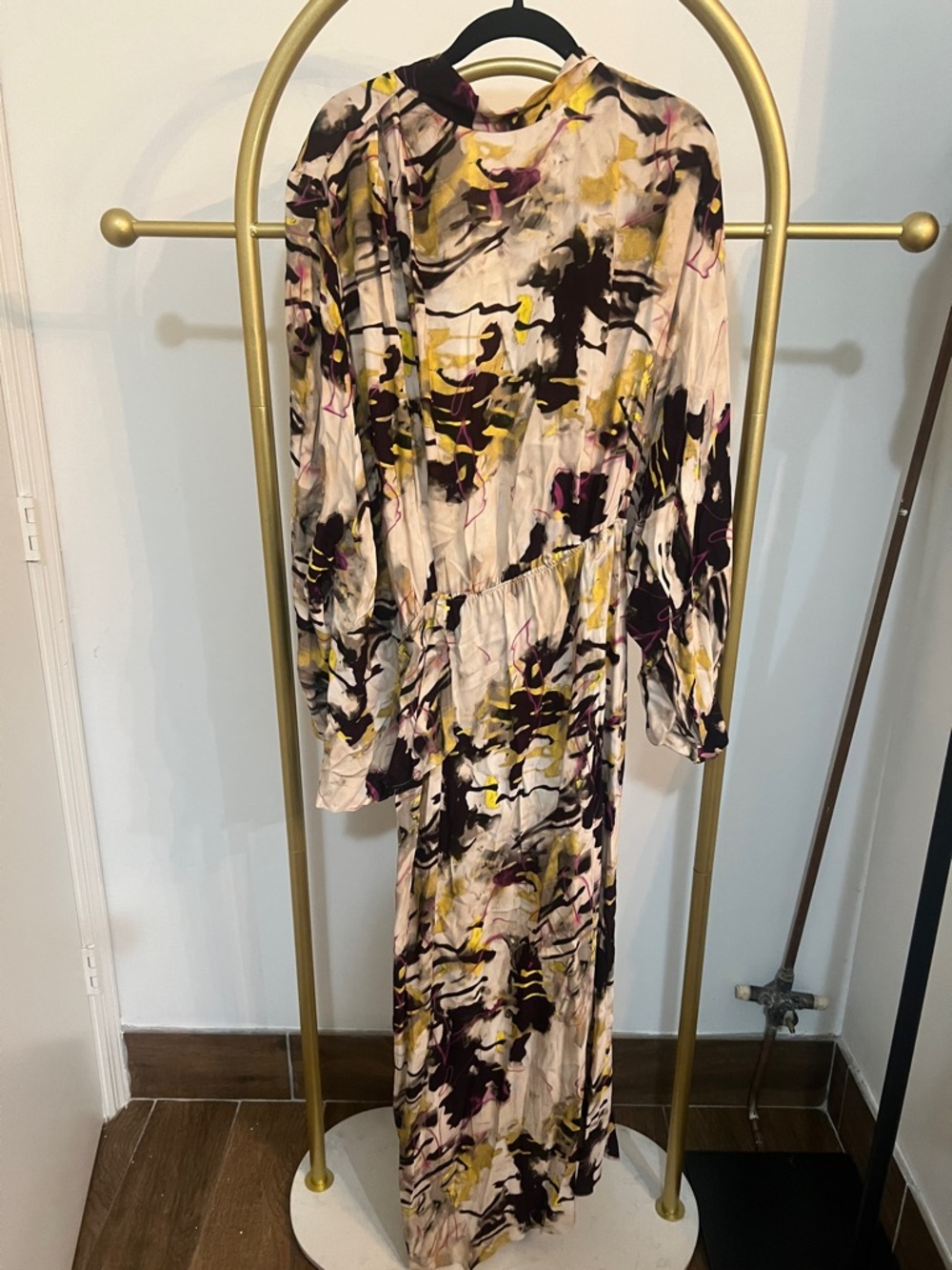 Abstract Print Long Sleeve Maxi Dress in Cream and Purple